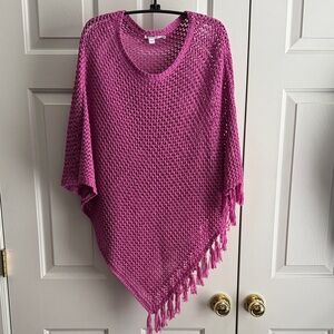 Pink Open-Knit Fringe Poncho